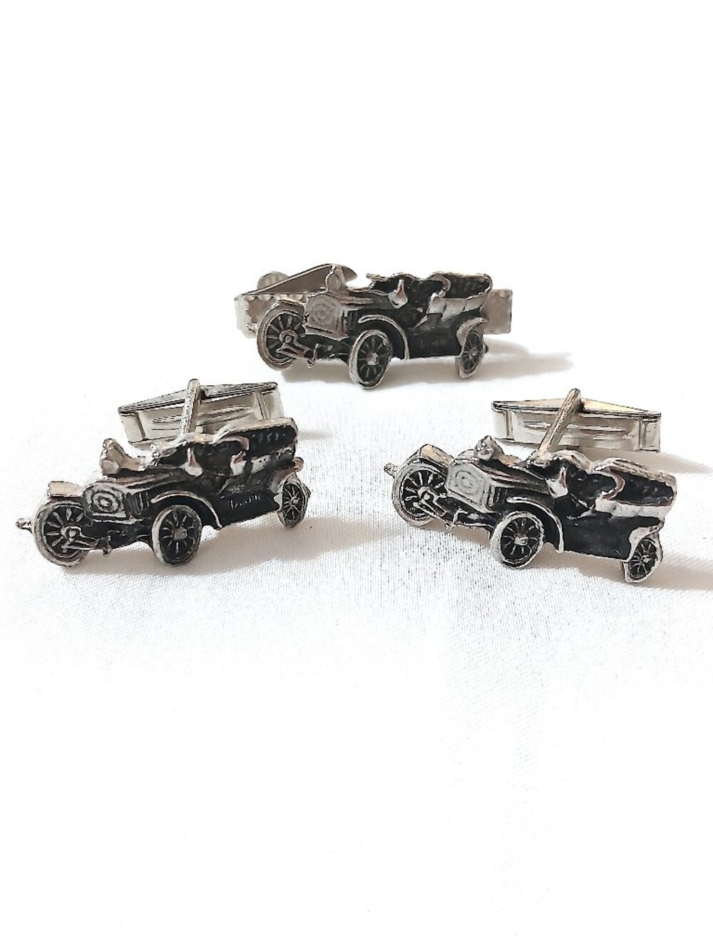 Vintage Antique Car Cufflinks & Tie Clip Set Silver Tone Automobile Unbranded